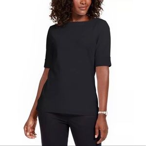 Karen Scott Petite Solid Black Boat Neck 3/4 Sleeve Cotton T-Shirt Size Small